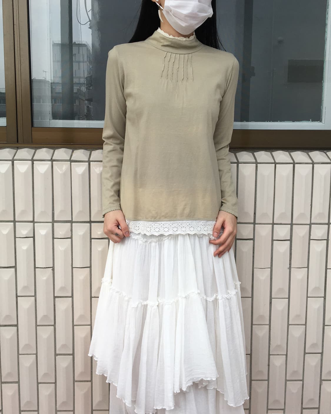 Lace trimming high neck sleeve 상품이미지1