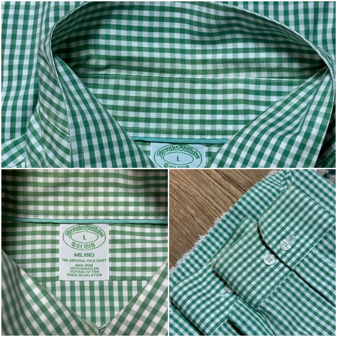 브룩스브라더스 버튼다운 깅엄체크셔츠/L/그린 상품이미지4