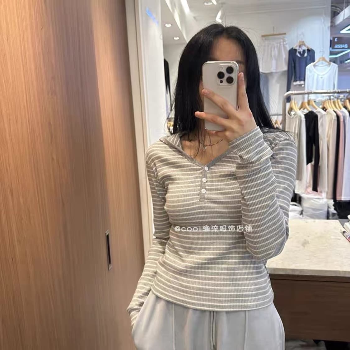 모리걸 빈티지 하구미 에이블리 무신사 스트라이프 그레이 긴팔 후드티 상품이미지1