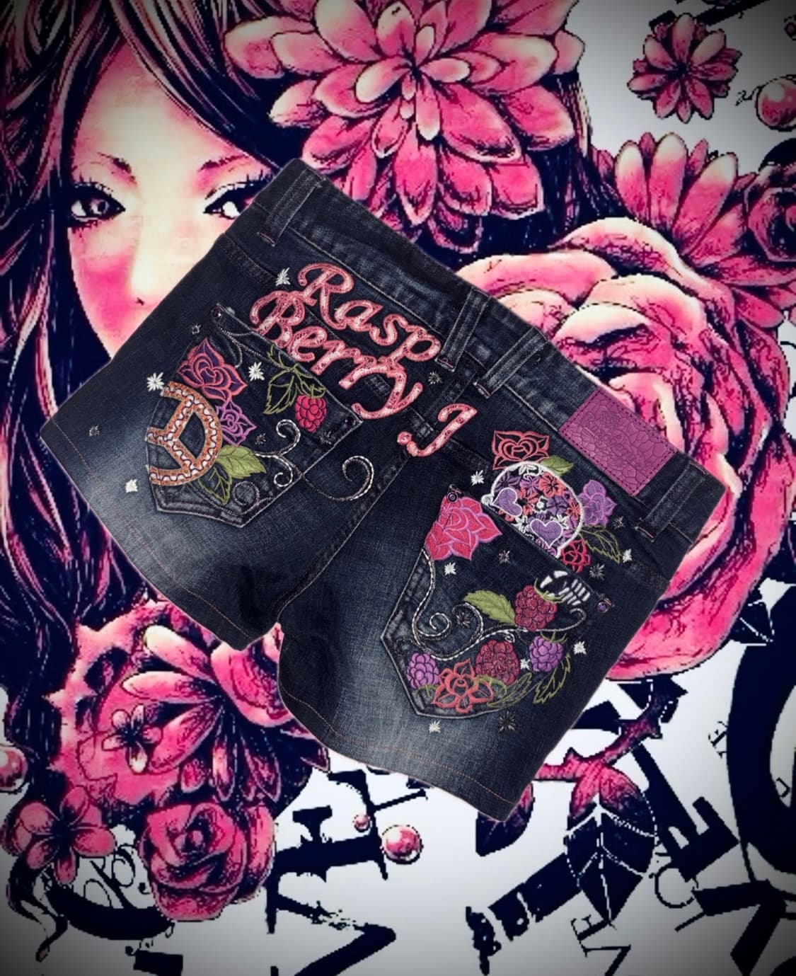 빈티지 레드페퍼깔 갸루 스컬 데님 숏팬츠 상품이미지2