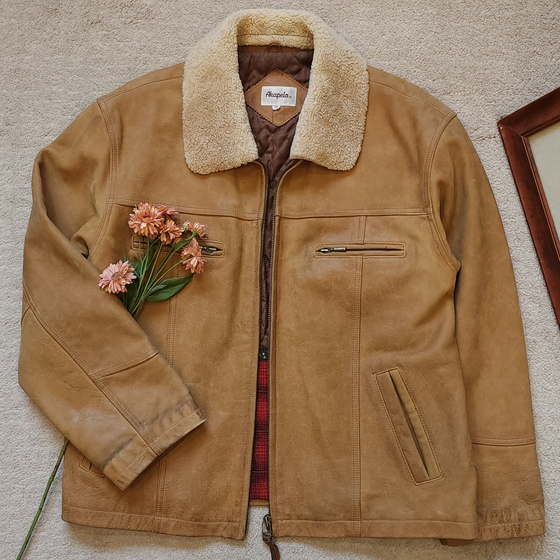90s 아카펠라 왁스드 레더 프렌치 가죽자켓 양털 카라 빈티지  XXL 상품이미지1