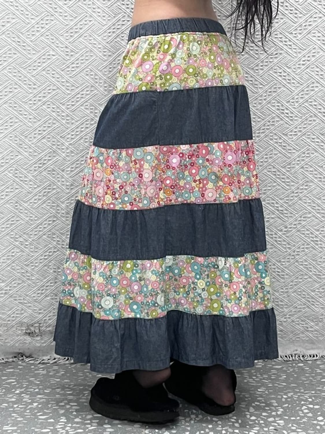  빈티지 모리 에스닉 히피 플라워 패치워크 롱스커트 26인치 C10440 상품이미지1