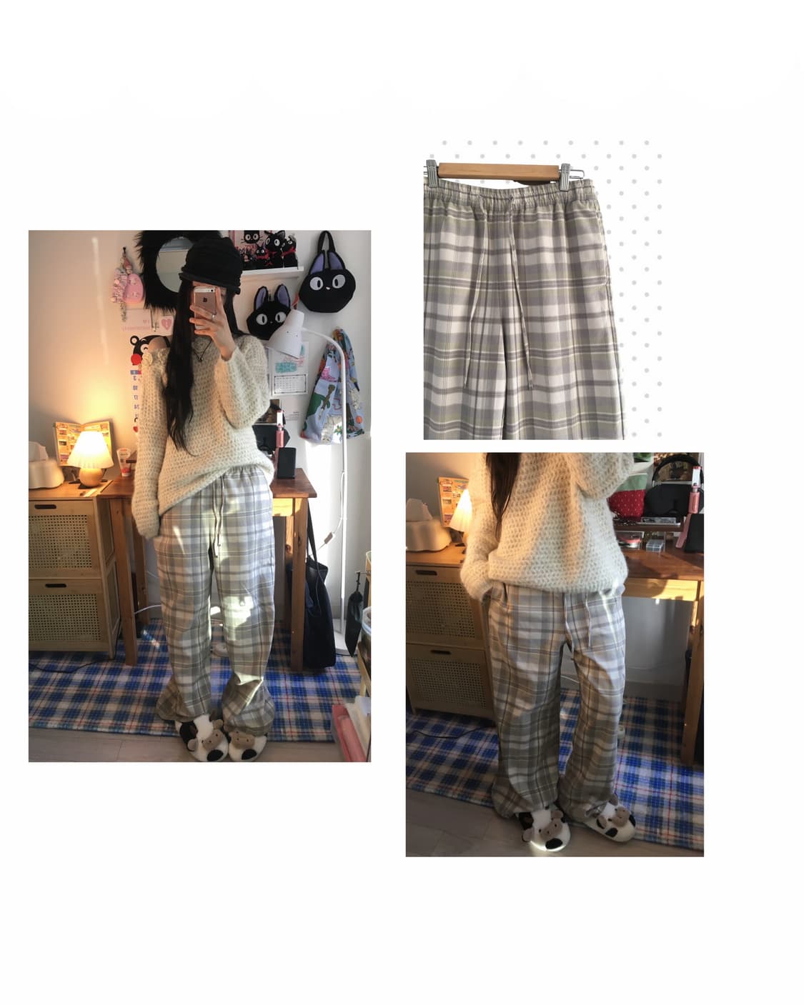 vintage check wide pants soft beige 상품이미지1