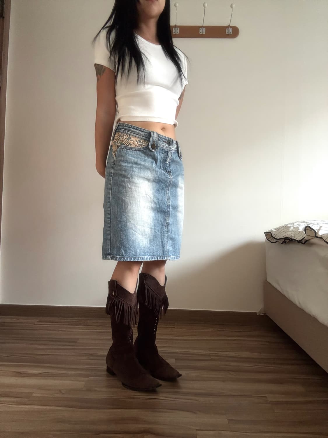 레이스 데님 미디 스커트 상품이미지2