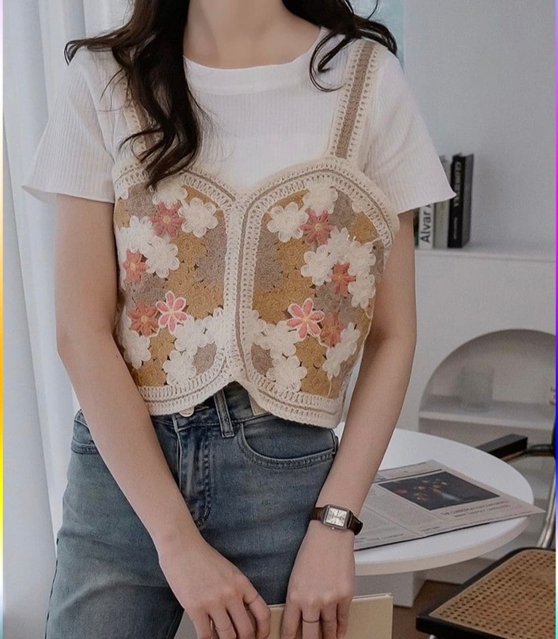 [새상품 ]로맨틱 입체 플라워 자수 크로셰 조끼 & 빅카라 블라우스 상품이미지6