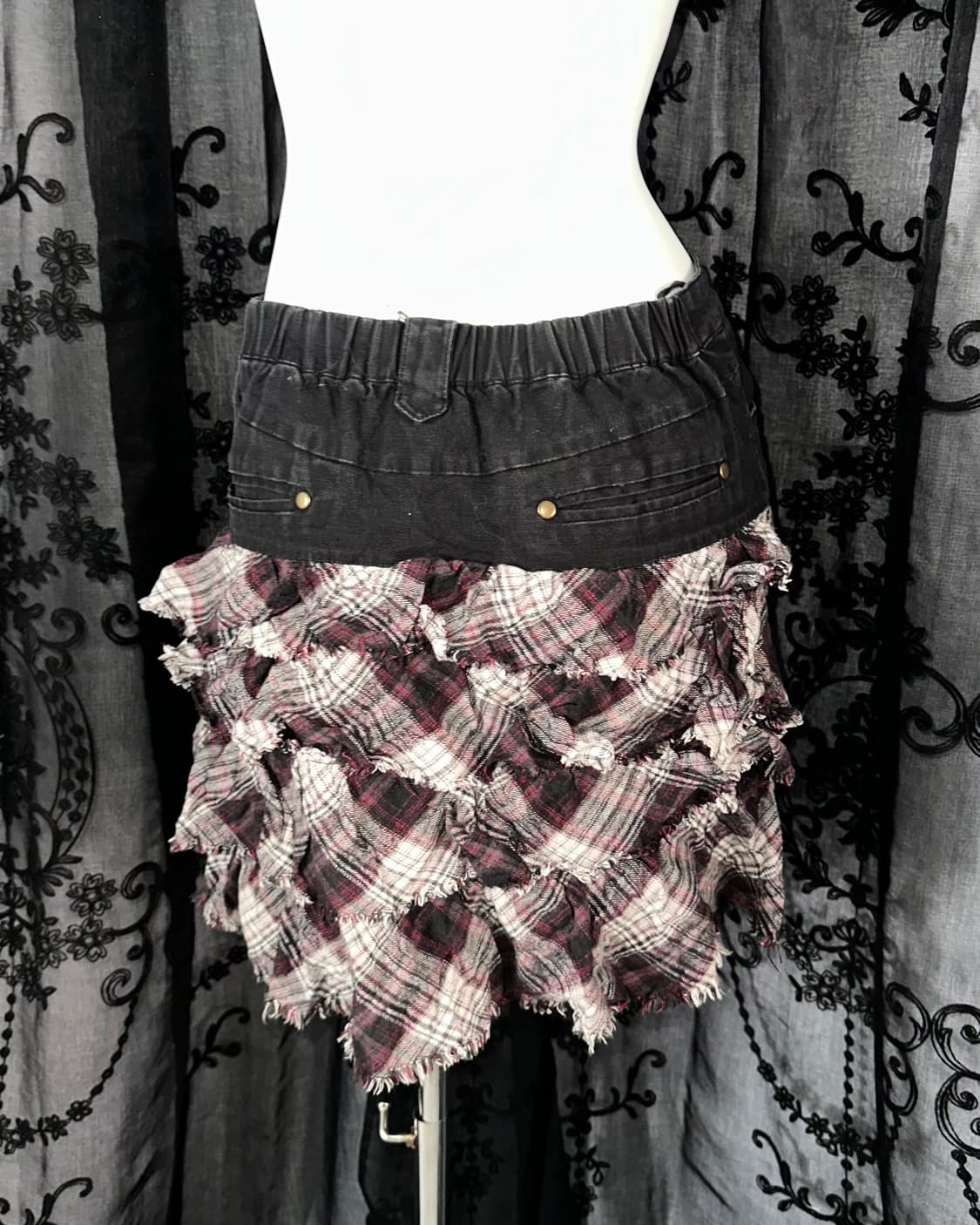 Hybrid Denim Checkered Tiered Skirt 상품이미지2
