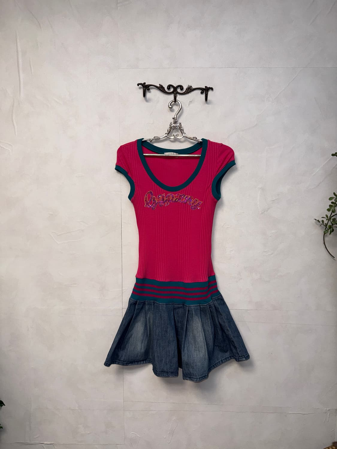 GGPX pink glitter denim pleats ops 상품이미지5