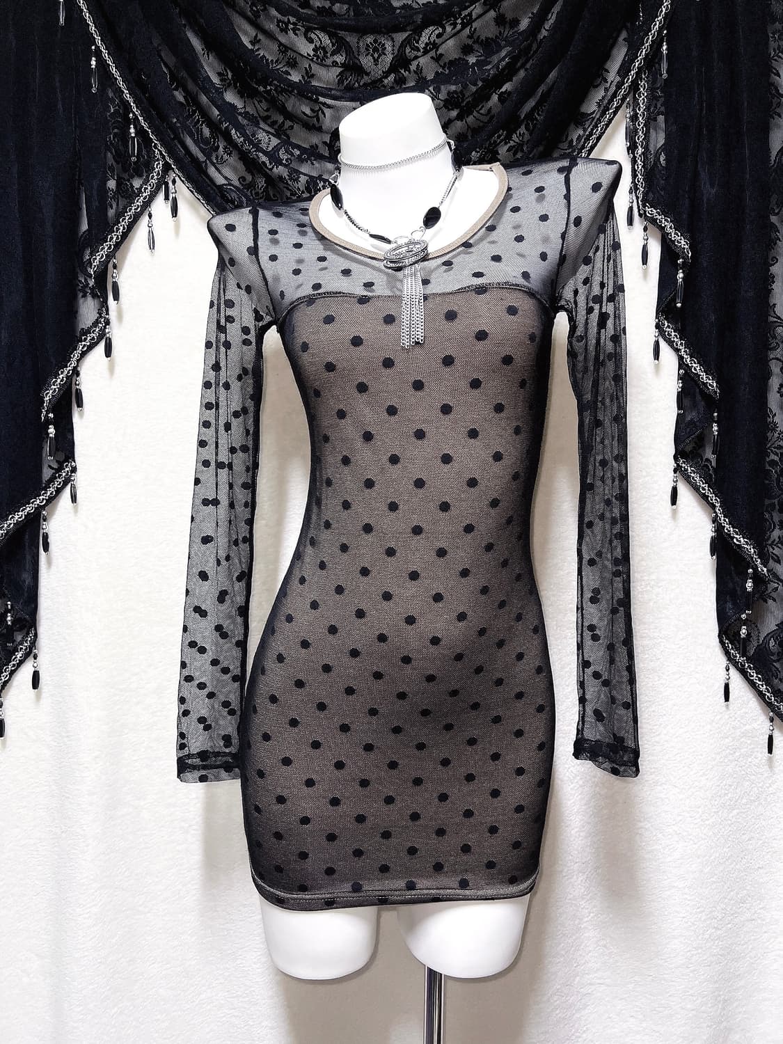 오네갸루 섹시 히메 도트 망사 시스루 미니원피스 드레스 핀터 시부야 펑크 상품이미지1