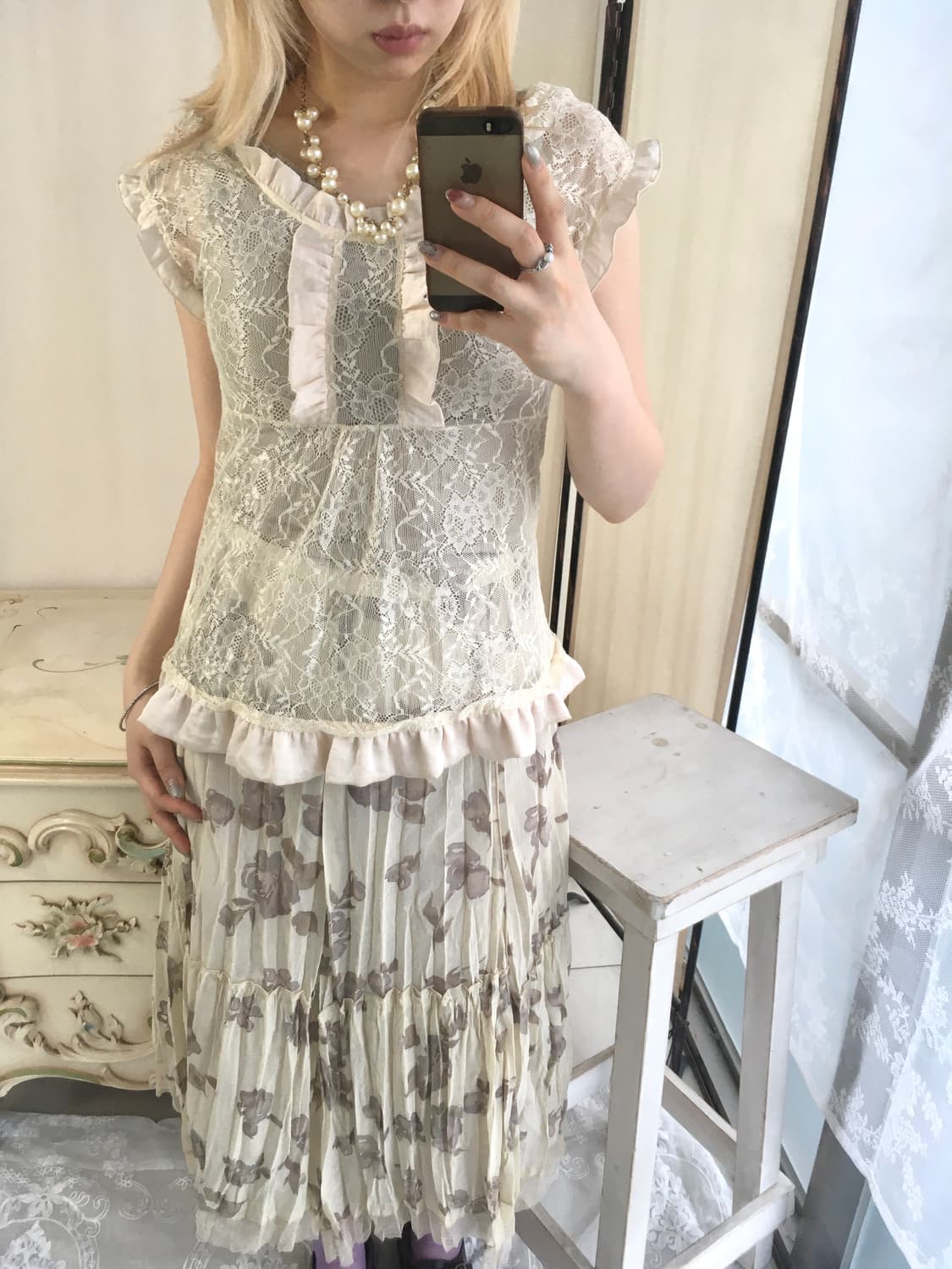 일본빈티지 레이스 앤틱 쉬어 아이보리 프릴 블라우스 상품이미지2