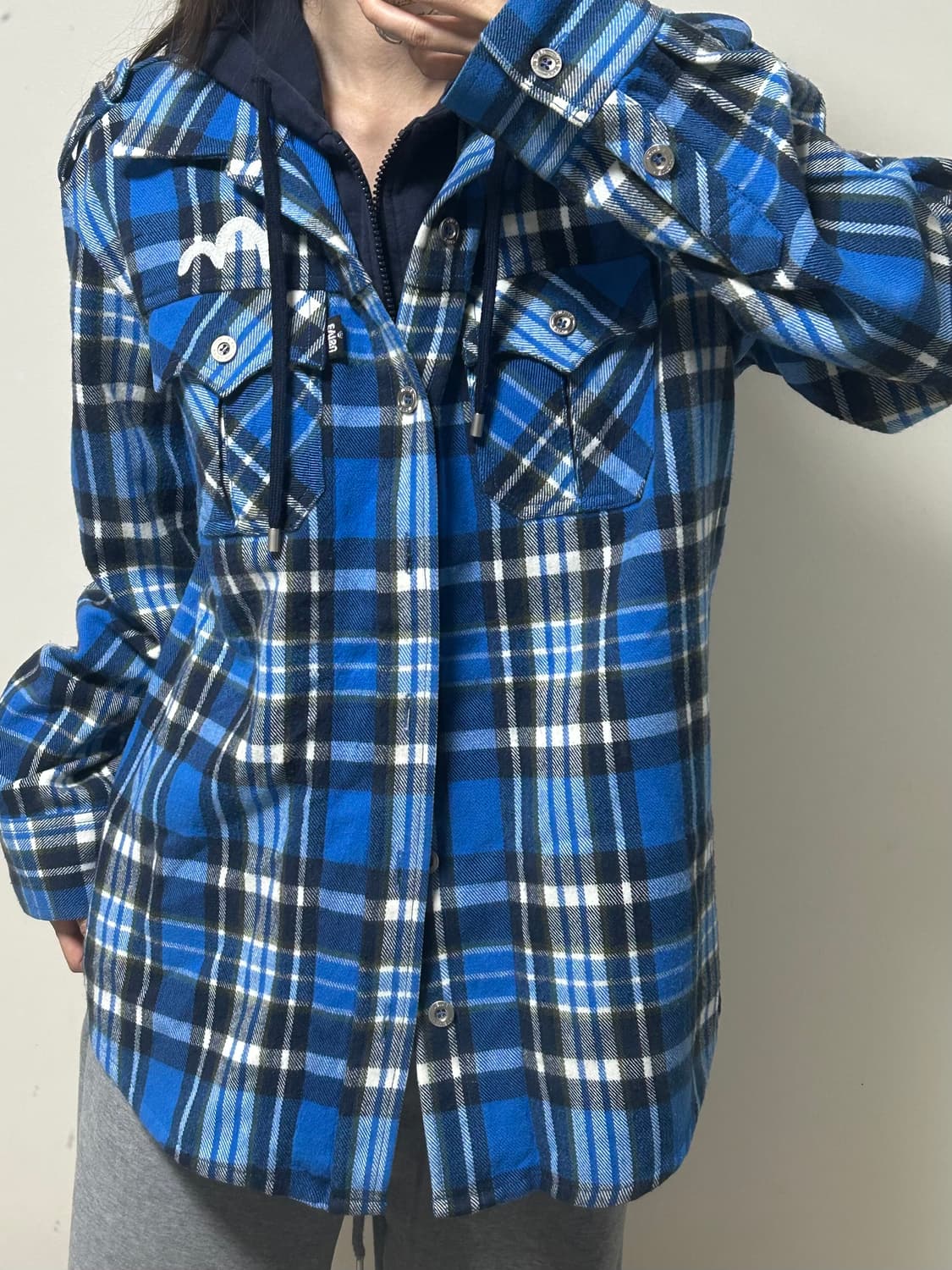 에비수 체크 모직 후드레이어드 셔츠 상품이미지7