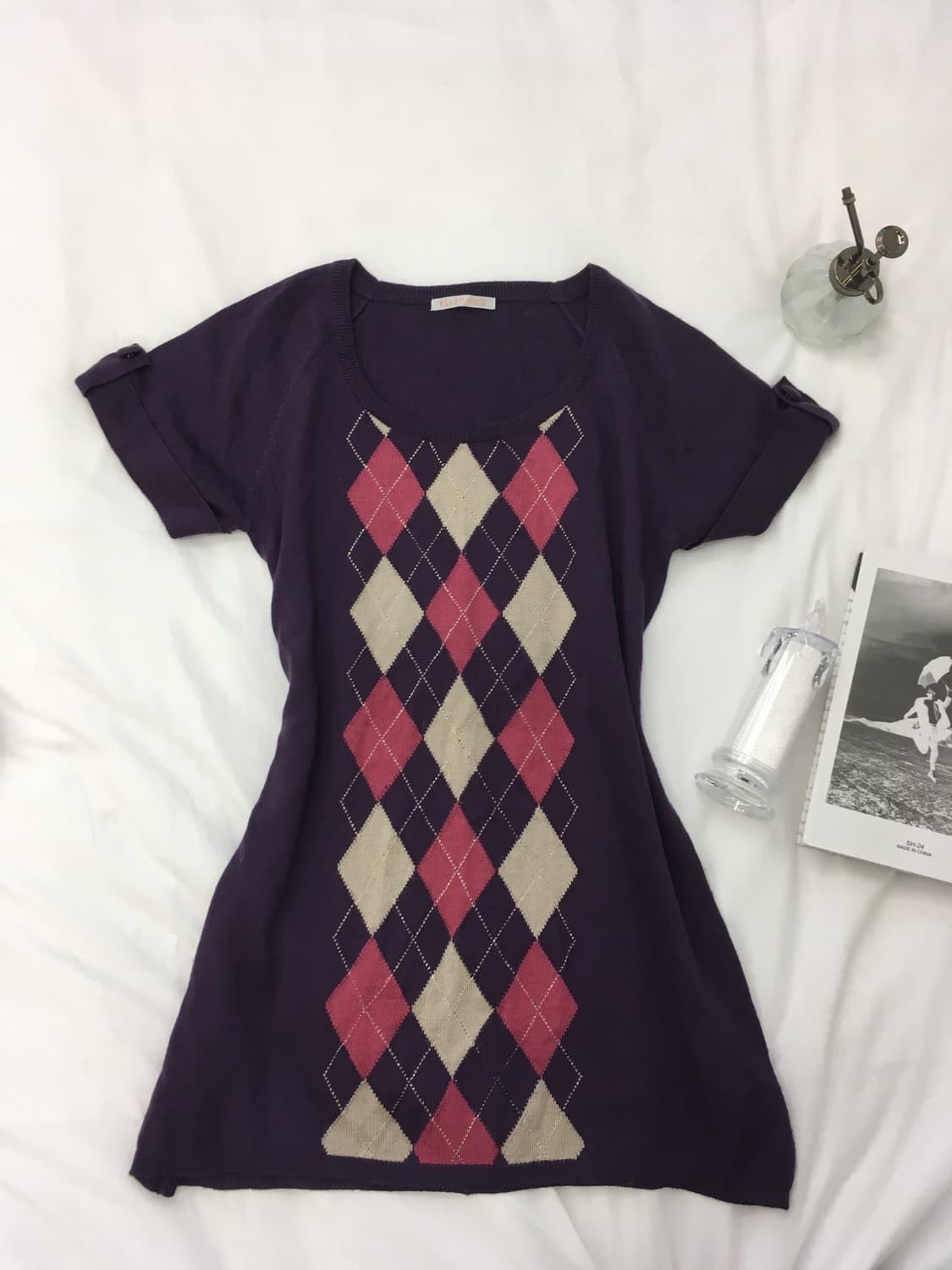 빈티지 퍼플 아가일 반팔 니트 y2k 스트릿 갸루 펑키 일본빈티지 상품이미지1