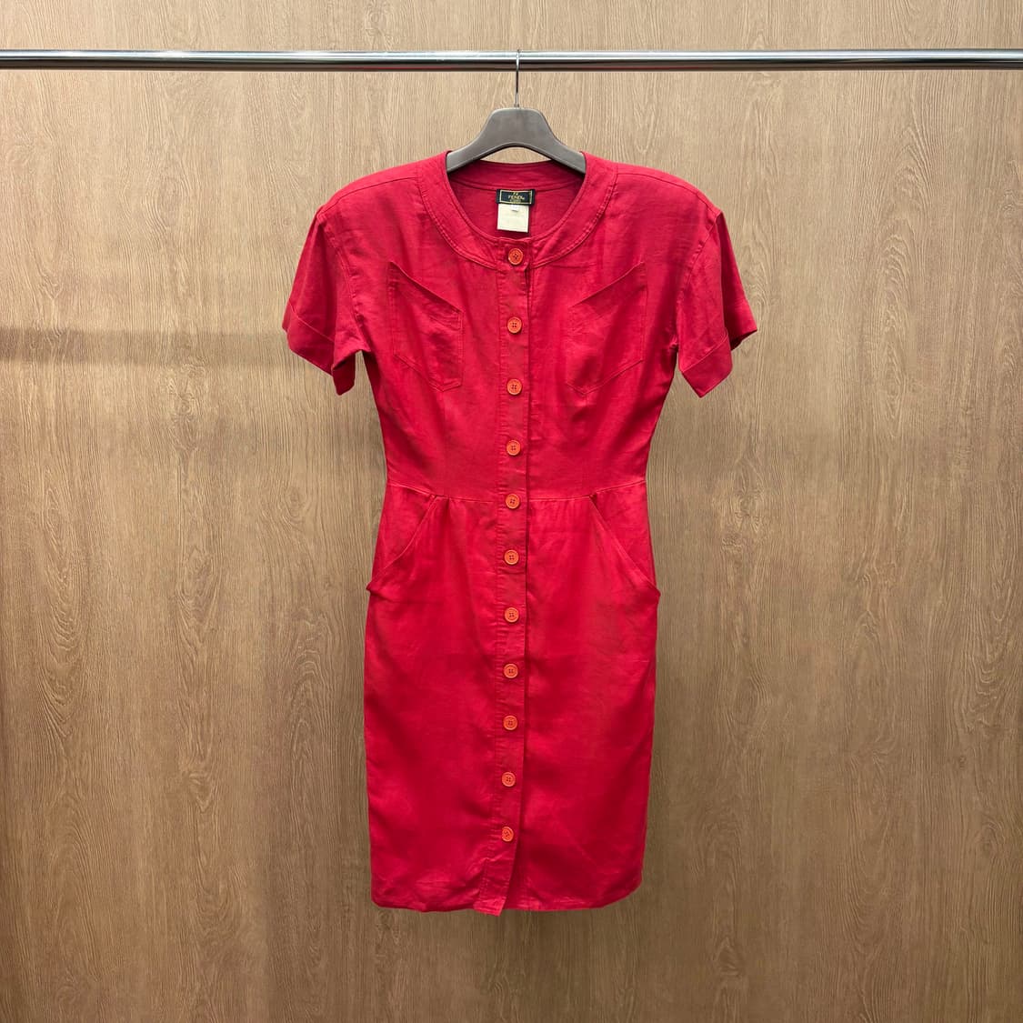 펜디 라운드넥 코튼 반팔 미디 원피스 프론트 버튼 패널 절개 디테일 레드 상품이미지2