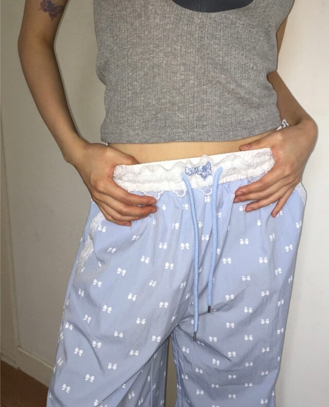 카제 레이스 리본 나일론 트랙팬츠 상품이미지2