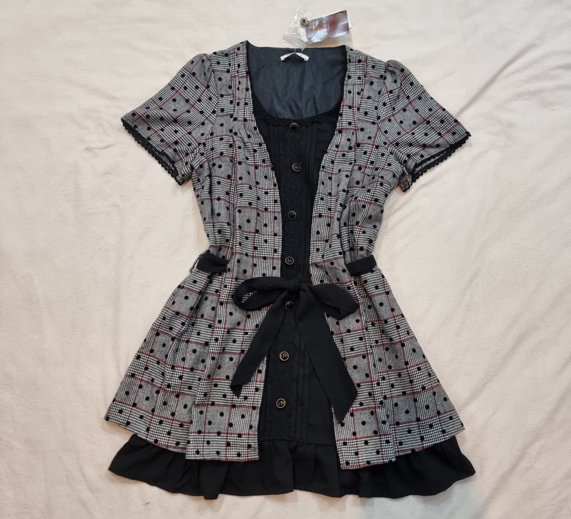 체크 플리츠 리본  원피스 상품이미지1