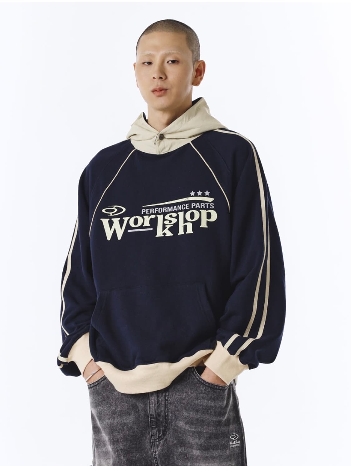 트래블 워크샵 라인 래글런 나일론 믹스 후드티 네이비 상품이미지2