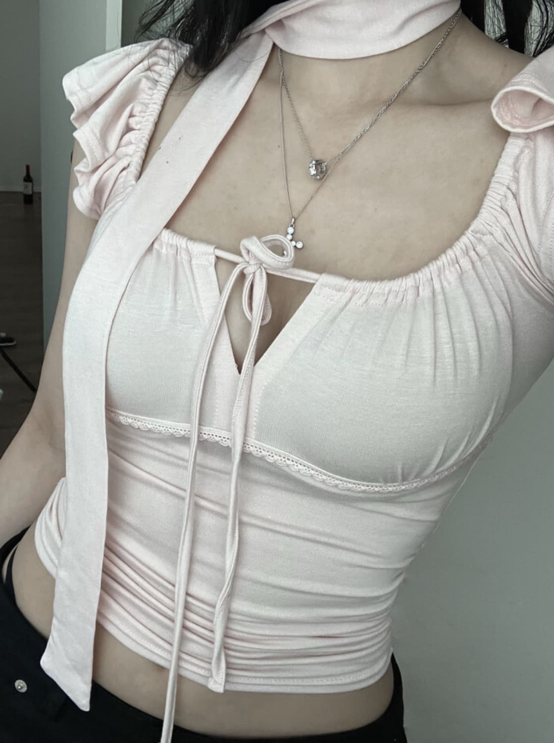 엔넘파 엔젤넘버파이브 angelnumber555 레이스타이탑소프트핑크반팔 상품이미지1