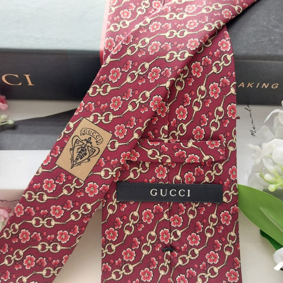 구찌 실크 와인 홀스빗&플라워 패턴 넥타이 8.4cm A+등급 K1823 상품이미지5