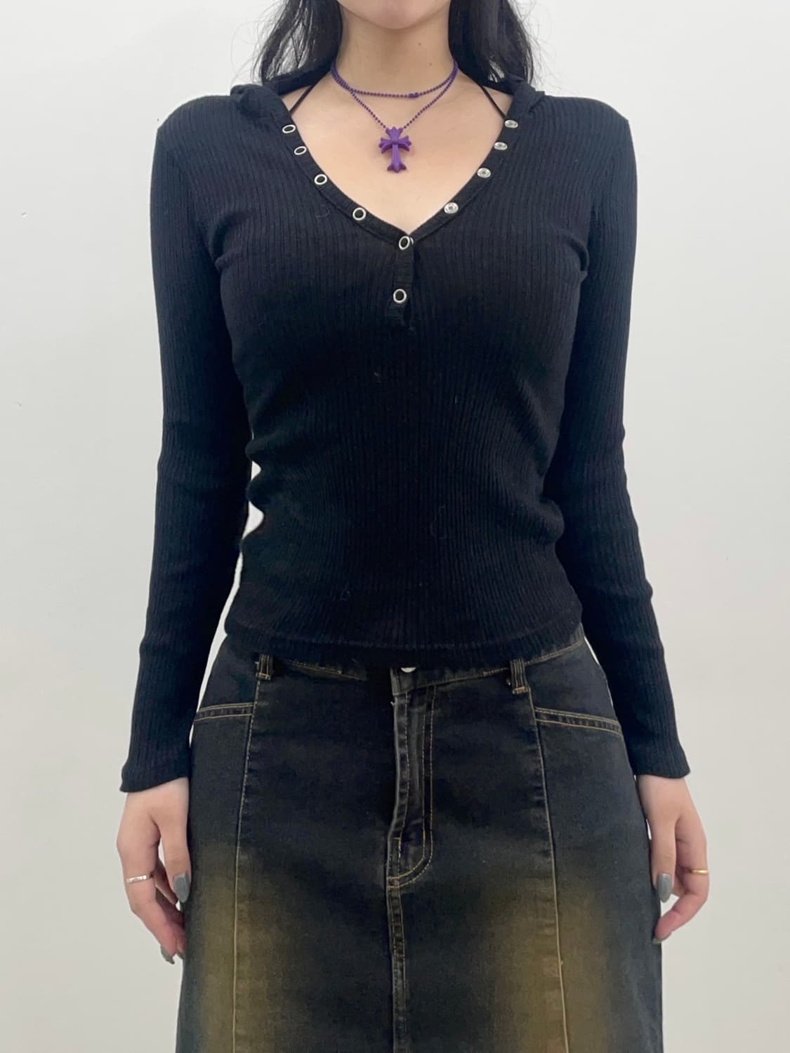 Black button hoodie Slim T 상품이미지2