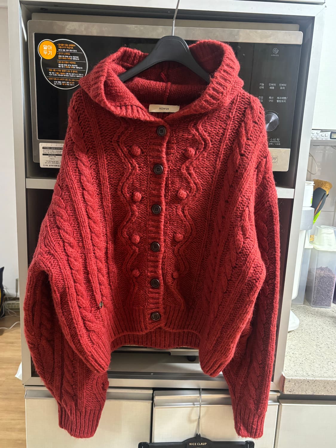 호와스 엔젤 후드 꽈배기 가디건 레드 (하루 단시간 착용) 정가 189, 상품이미지5