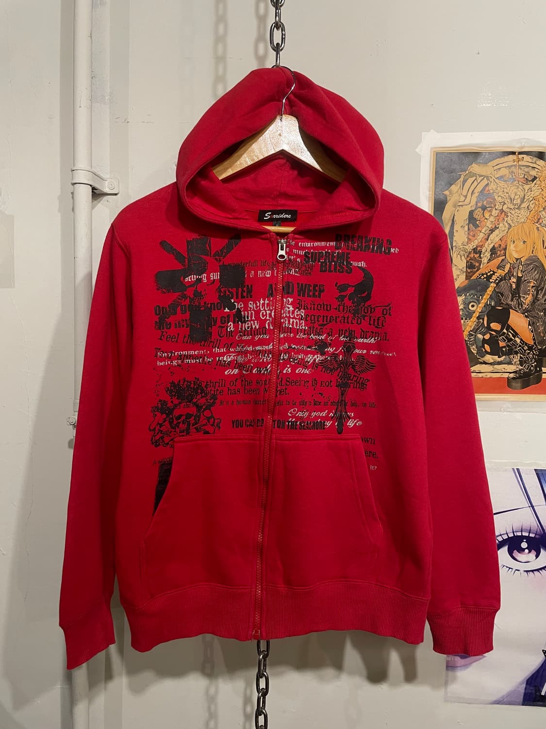 스컬 레터링 프린팅 레드 후드집업 펑크 상품이미지2