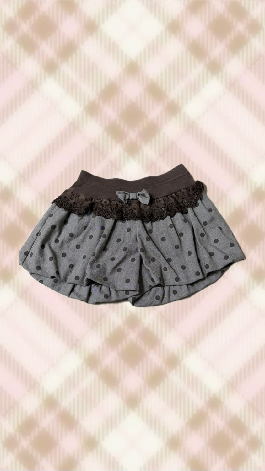 브라운 그레이 도트 땡땡이 리본 레이스 벌룬 큐롯 스커트 치마 라떼 갸루 상품이미지1