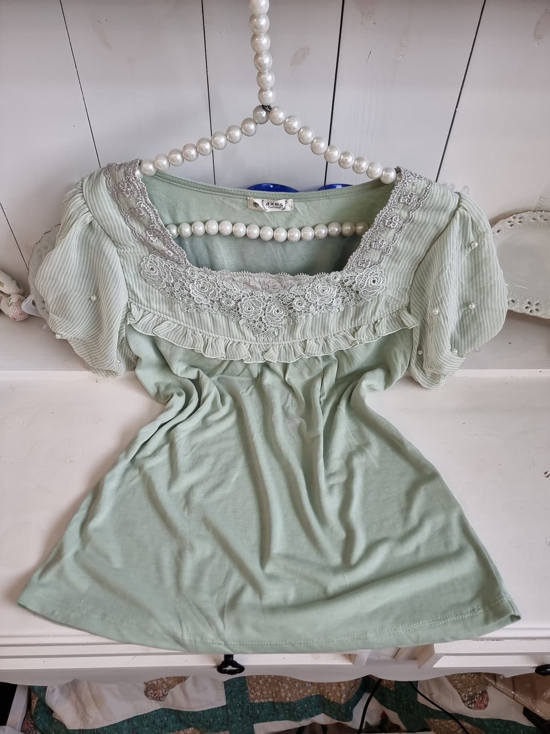 액시즈팜 레이스 프릴 블라우스 민트 상품이미지1