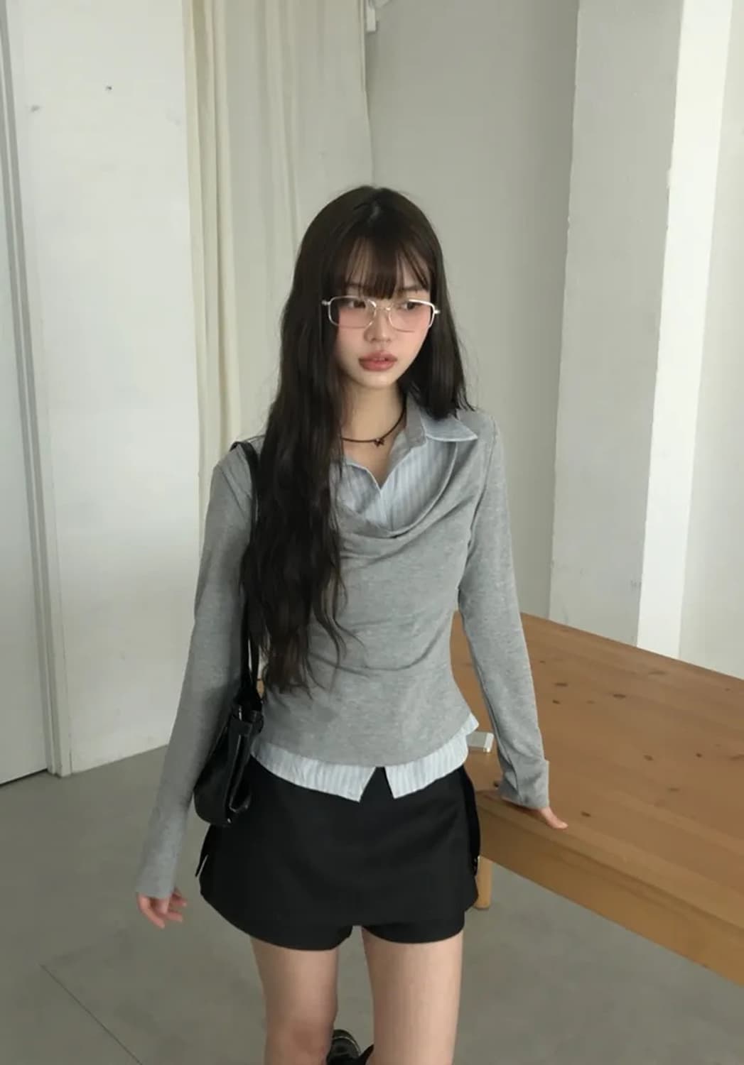 유색 헤브 레이어드 일체형 셔츠 드레이프 긴팔 상품이미지3