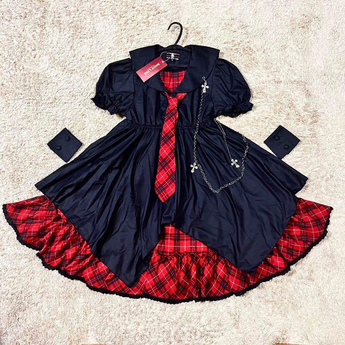 바디라인 블러드스톰 레드체크로리타원피스 체인 고스로리 상품이미지1