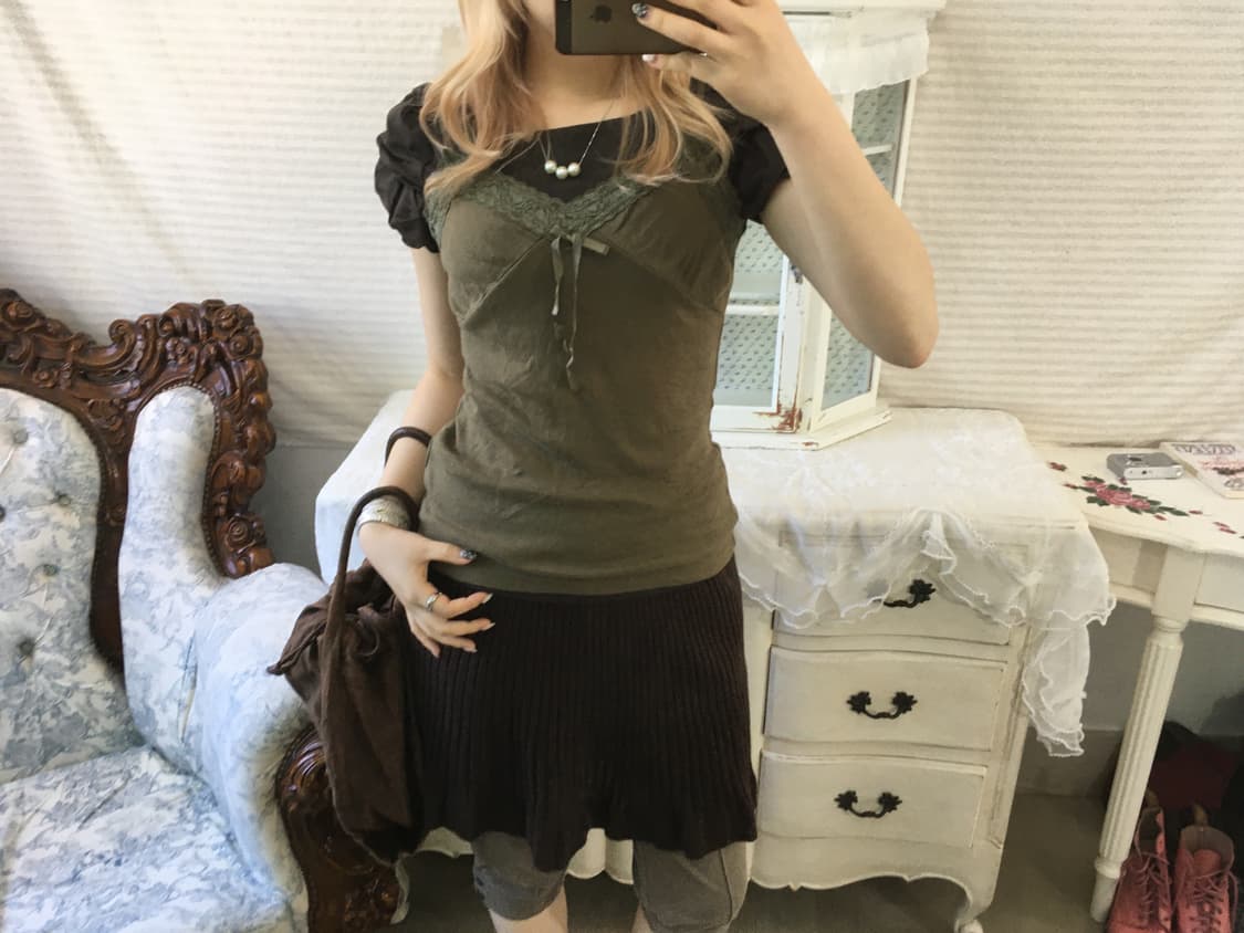 Set)브라운 퍼프 프릴반팔 + 카키 레이스 나시 상품이미지2