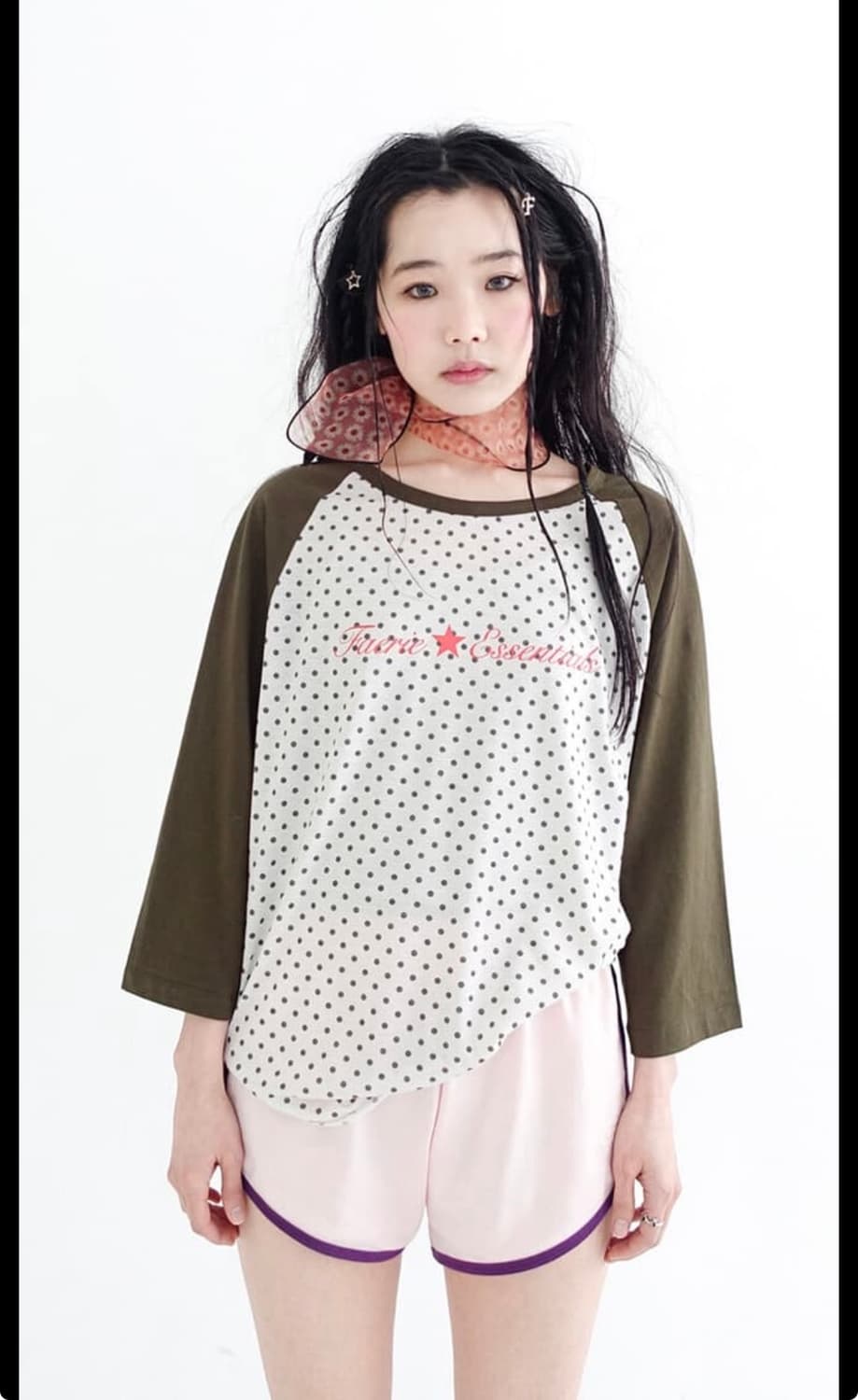 샵페어리 도트 레글런 슬리브탑 카키 상품이미지2