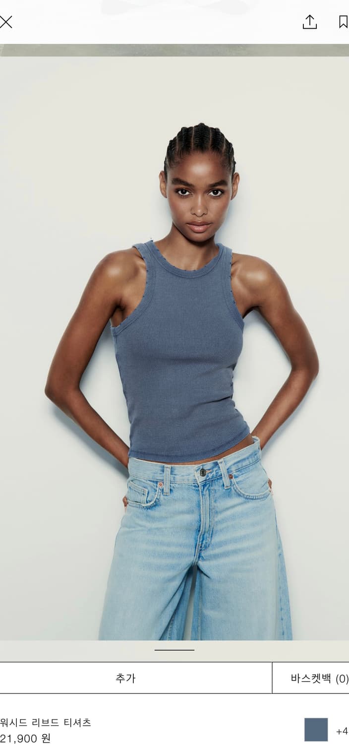 자라 워시드 리브드 티셔츠 블루 S 상품이미지1