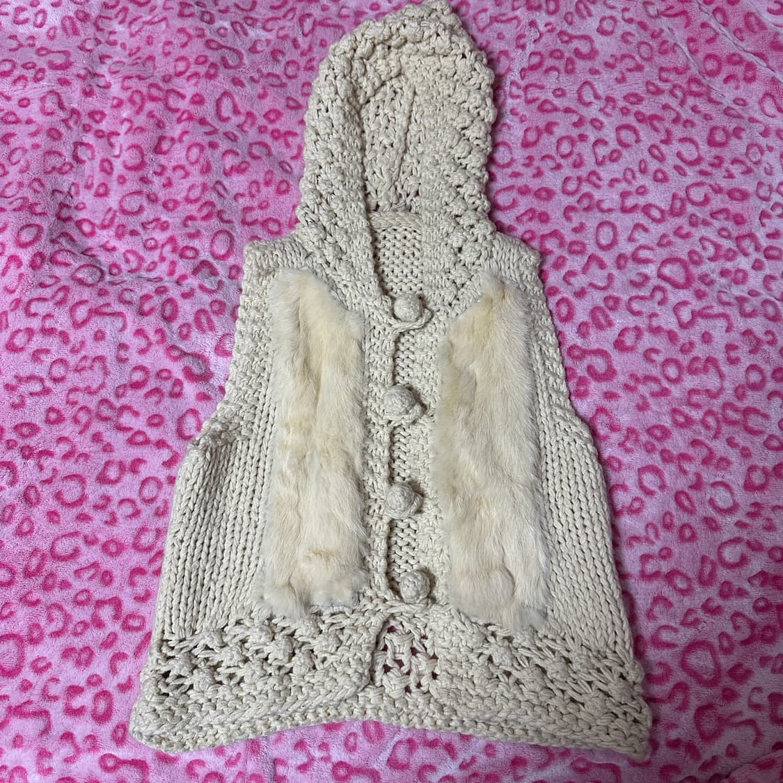 빈티지 갸루 폼폼 토끼털 퍼 크로쉐 니트 조끼 베스트 상품이미지1