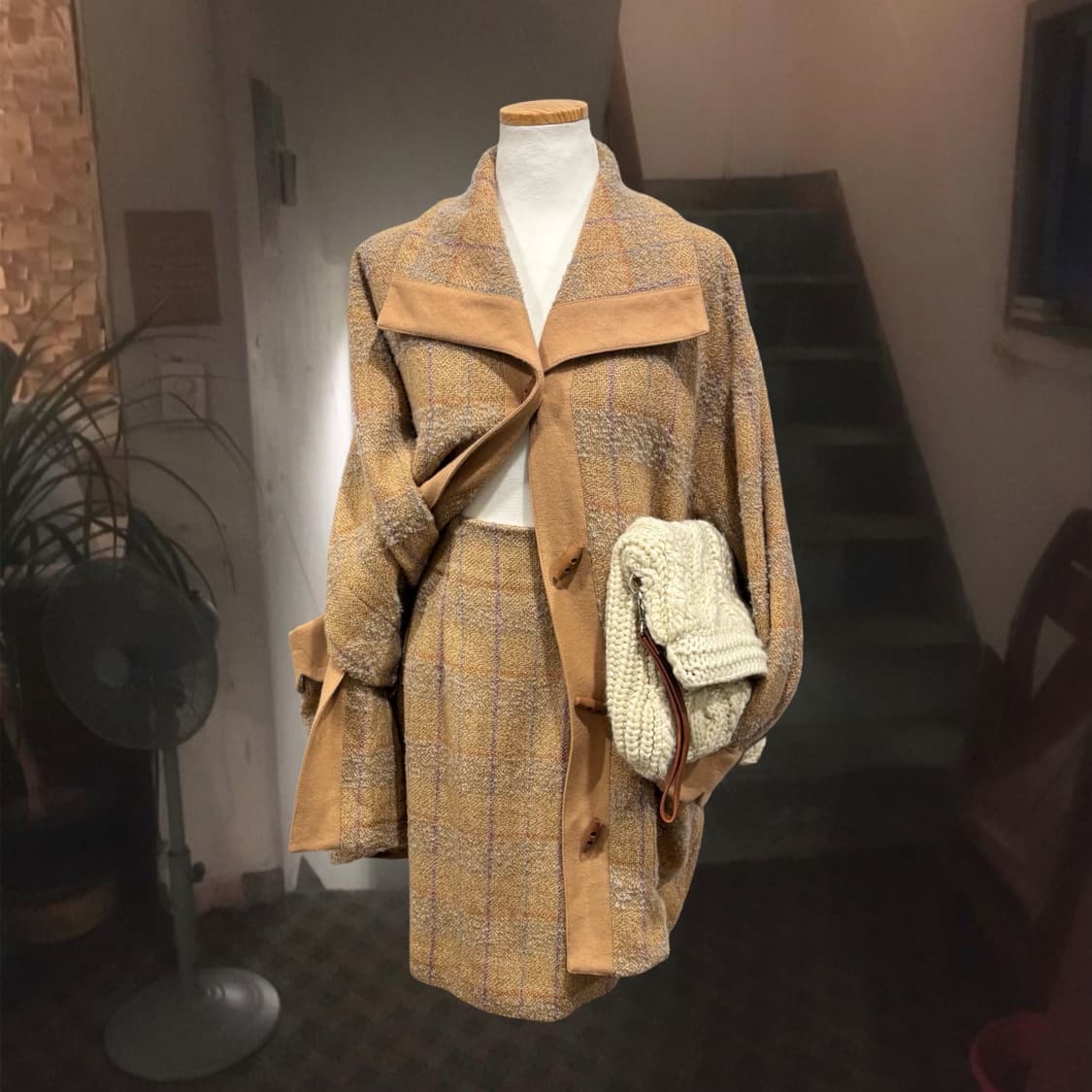 일본 빈티지 루즈핏 부클 빅 카라 체크 더플 울 자켓 투피스 셋업 상품이미지5