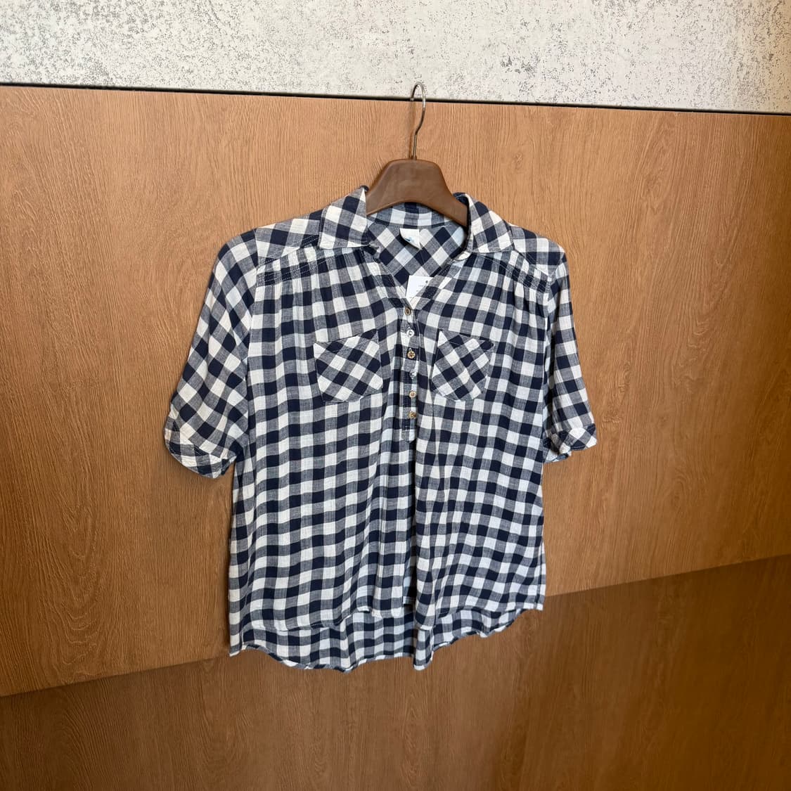 빈티지 반팔 체크 블라우스 오픈 카라 하프 버튼업 디테일 네이비 k68 상품이미지1