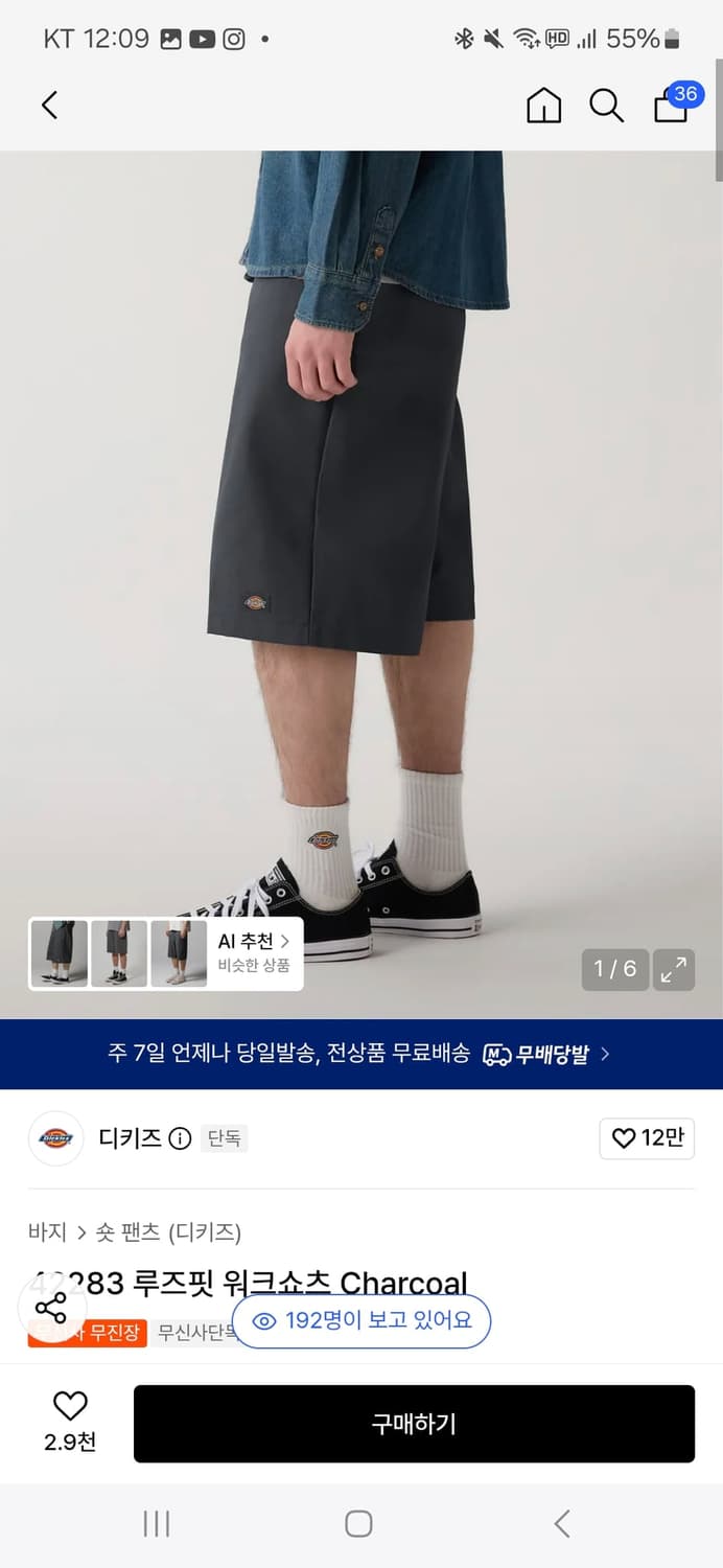 디키즈 10283 루즈핏 워크쇼츠 Charcoal 상품이미지1