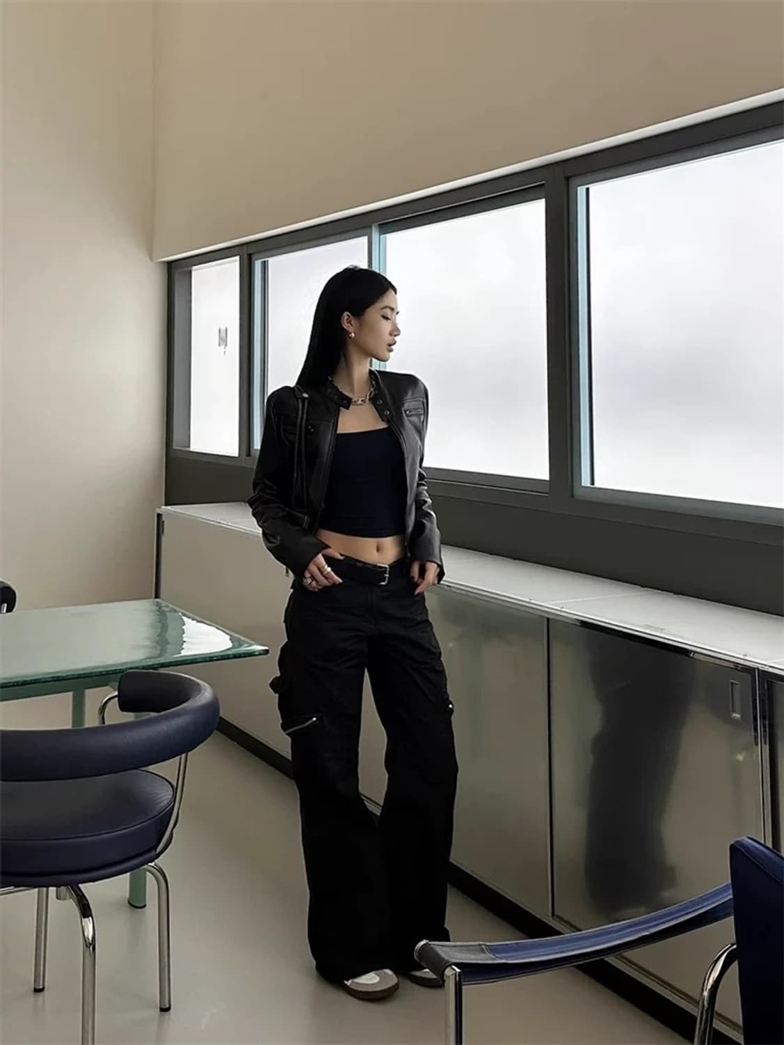 슬림 크롭 레더 바이커 자켓 상품이미지3