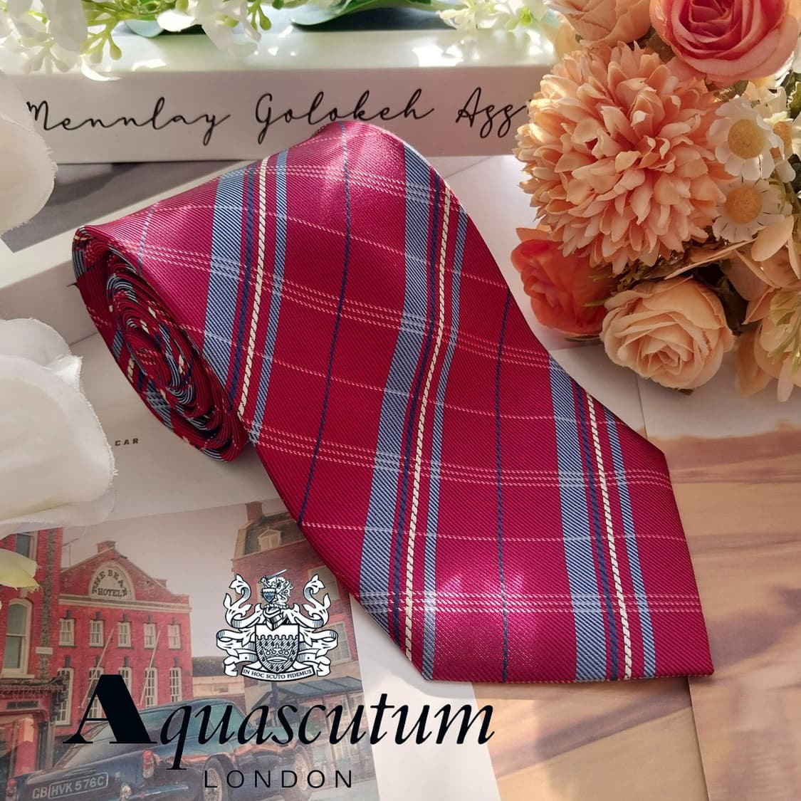 아쿠아스큐텀 실크 레드 체크 패턴 넥타이 9.4cm A+등급 K1958 상품이미지6