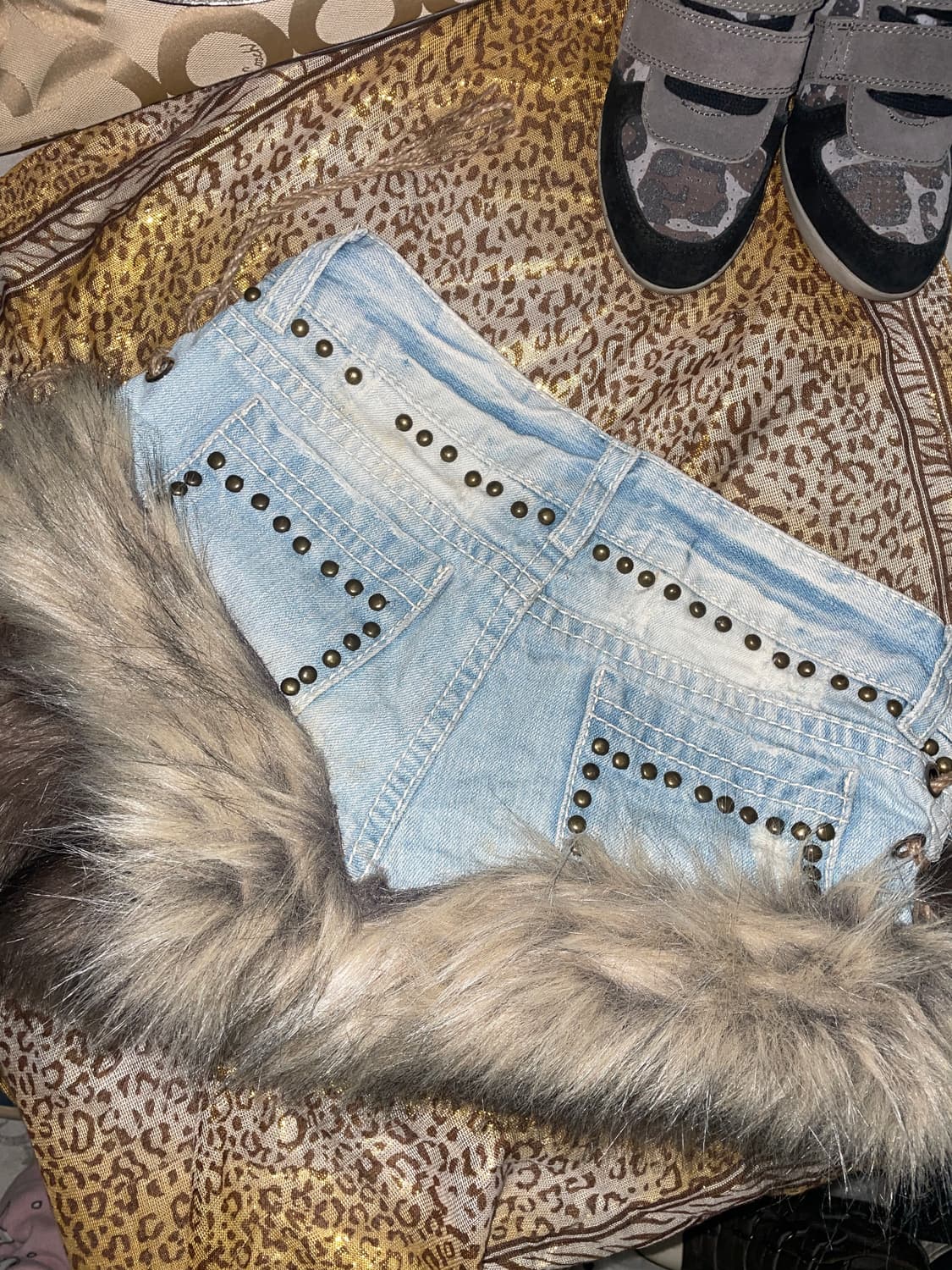 빈티지 커스텀 스터드 퍼팬츠 쇼츠 갸루 상품이미지2