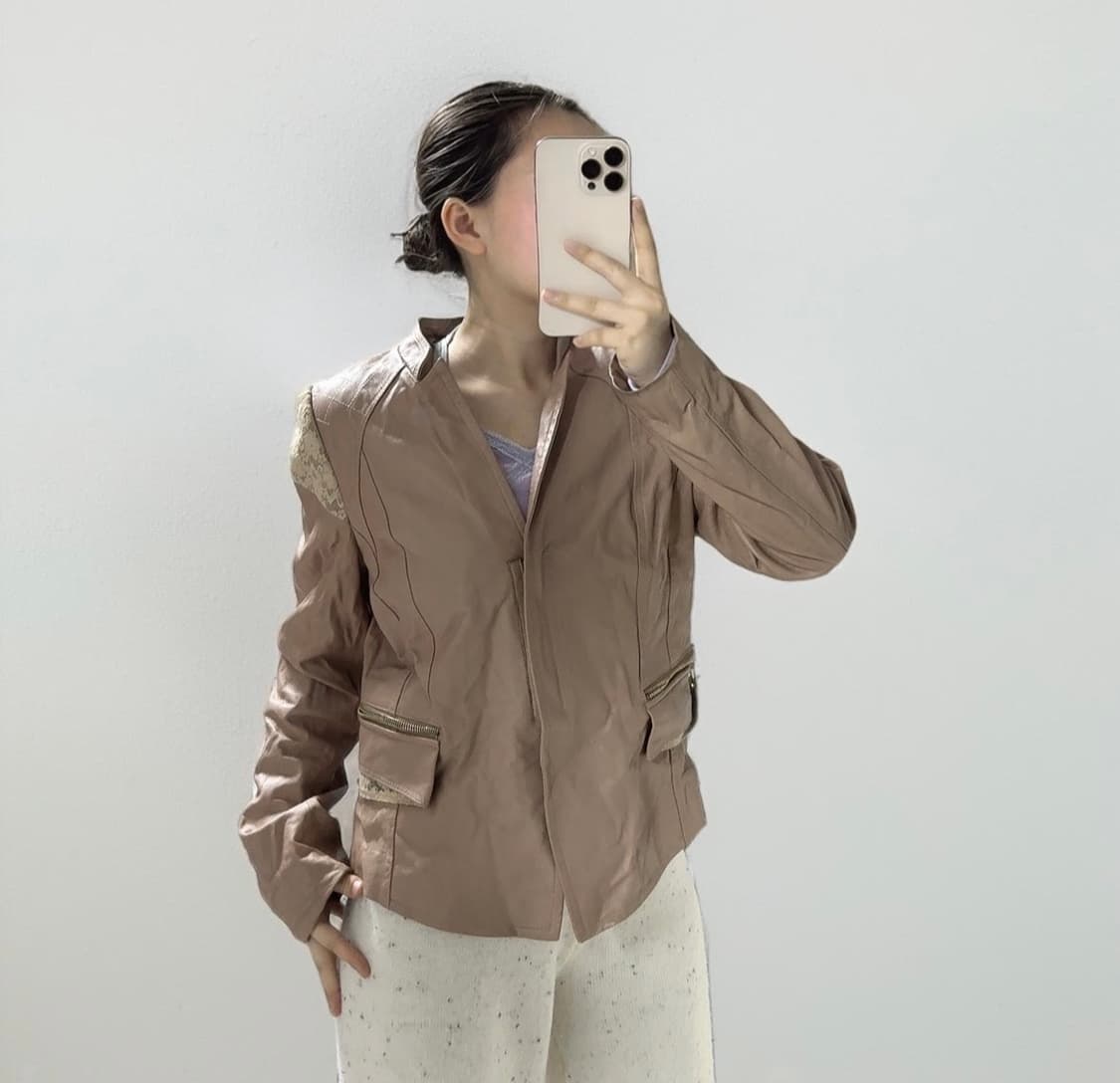 빈티지 로즈 핑크 레이스 라이더 포켓 양가죽지켓 상품이미지1