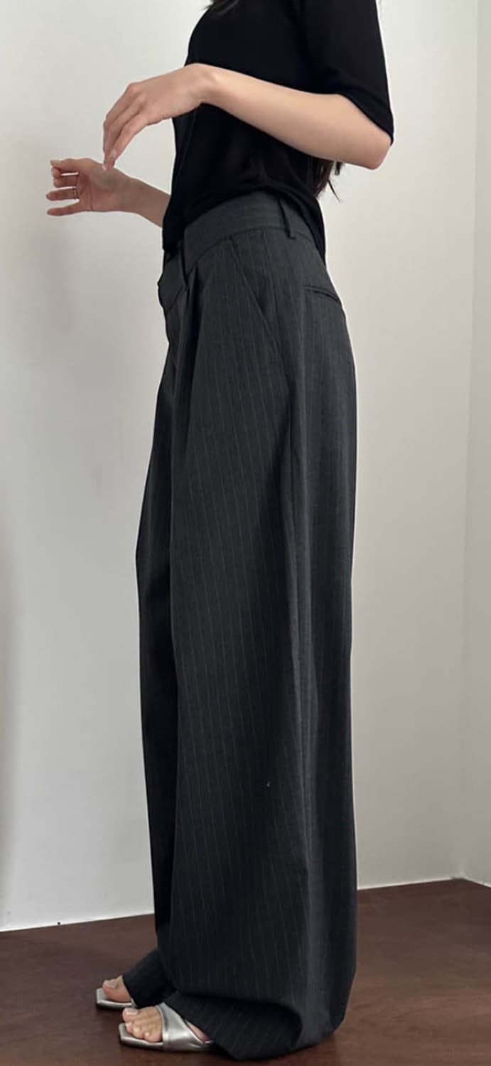 사토미라디오 차콜 스트라이프 와이드 슬랙스 M 상품이미지2