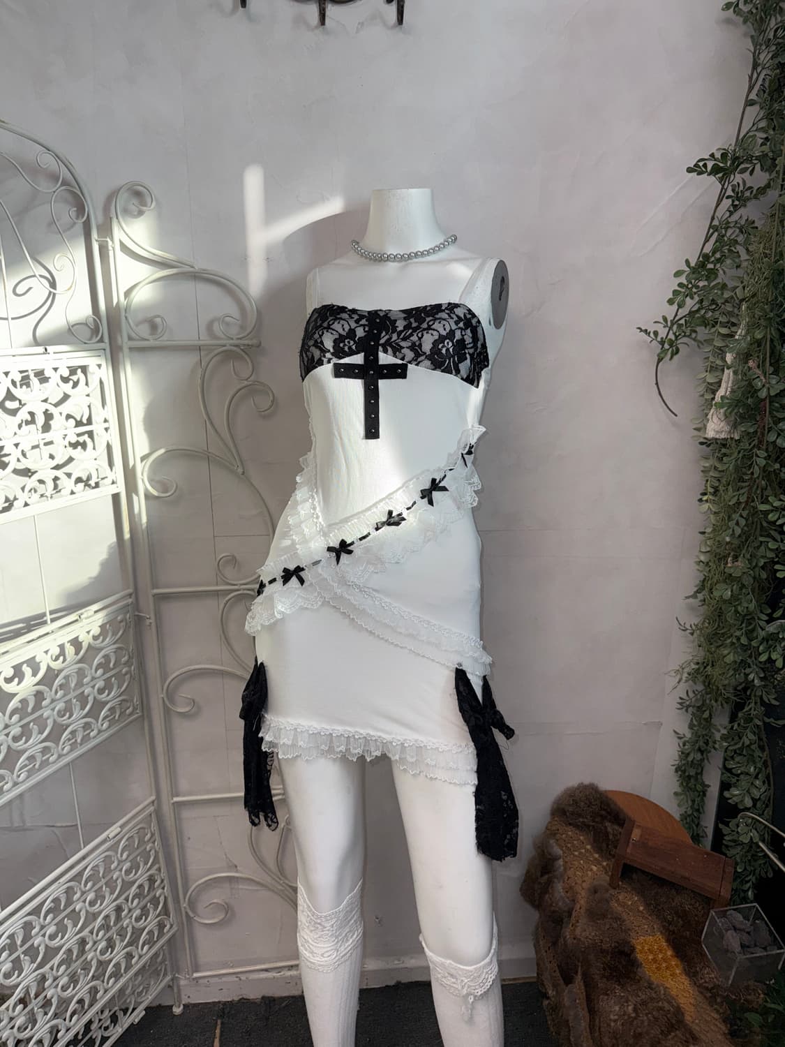 Black&white gothic cross ribbon lace ops 상품이미지1