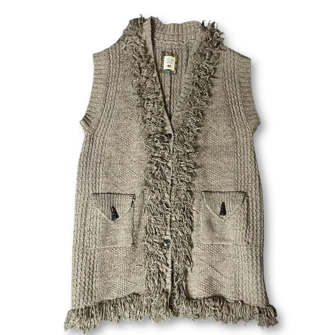 써스데이아일랜드 베이지 롱 투포켓 조끼 가디건 상품이미지1