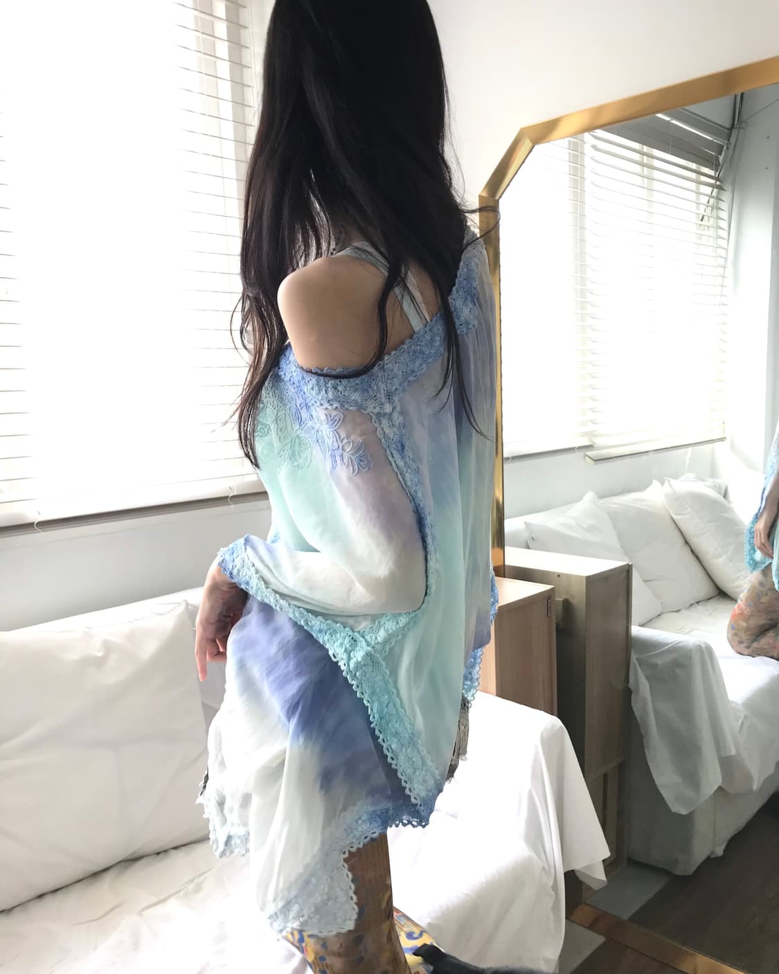 Blue tie-dye bohemian lace box blouse 상품이미지6