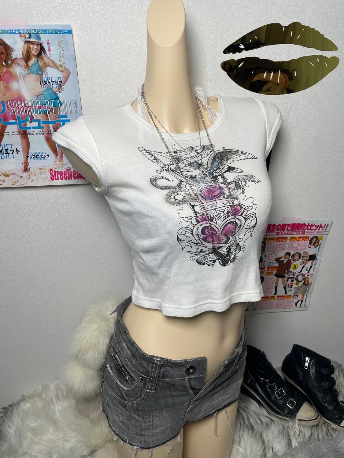 Punk y2k 해골 날개 반팔티 탑 상품이미지1