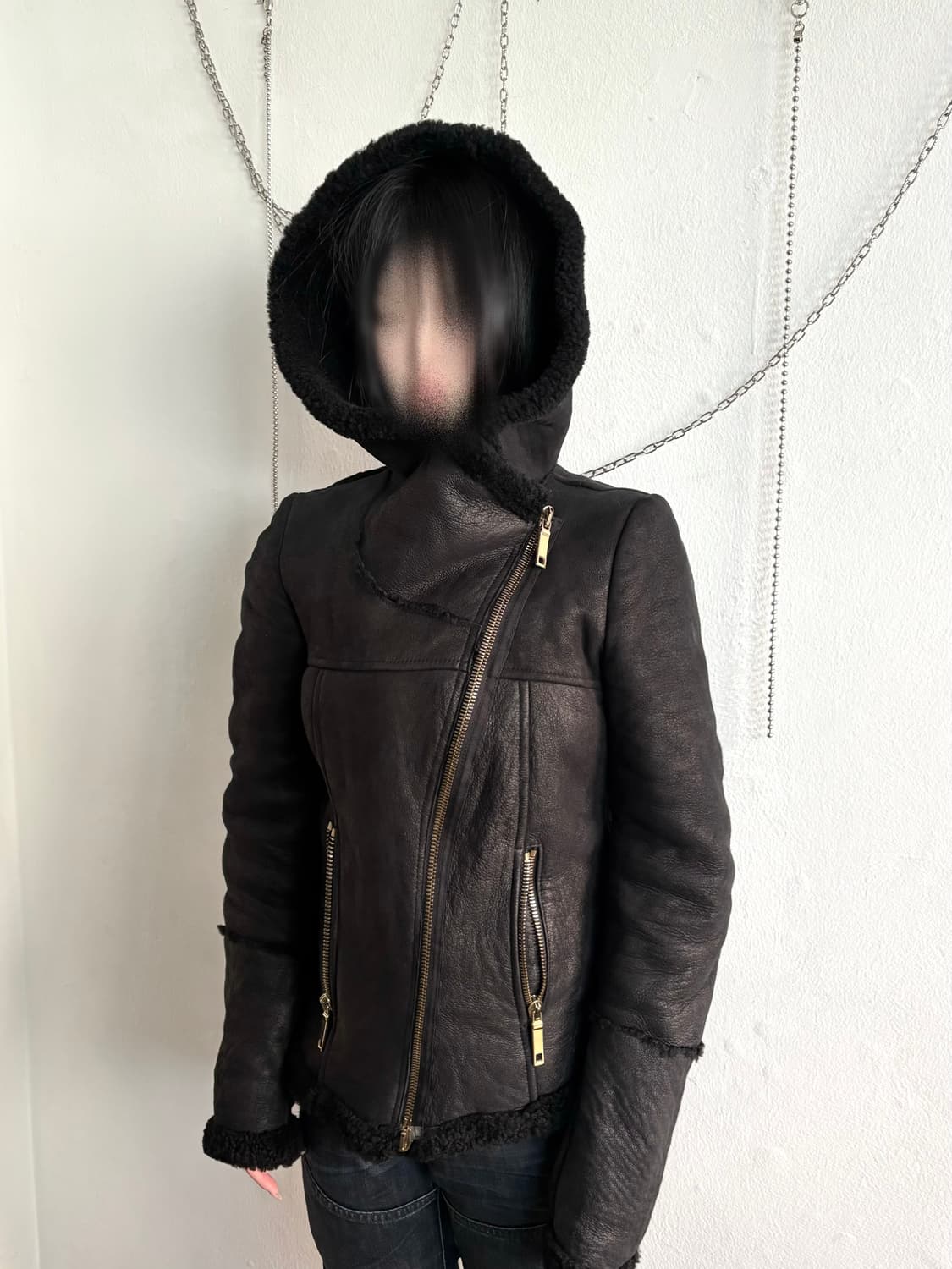 tenax italy 사선지퍼 후드 하이넥 드레이프 무스탕 상품이미지1