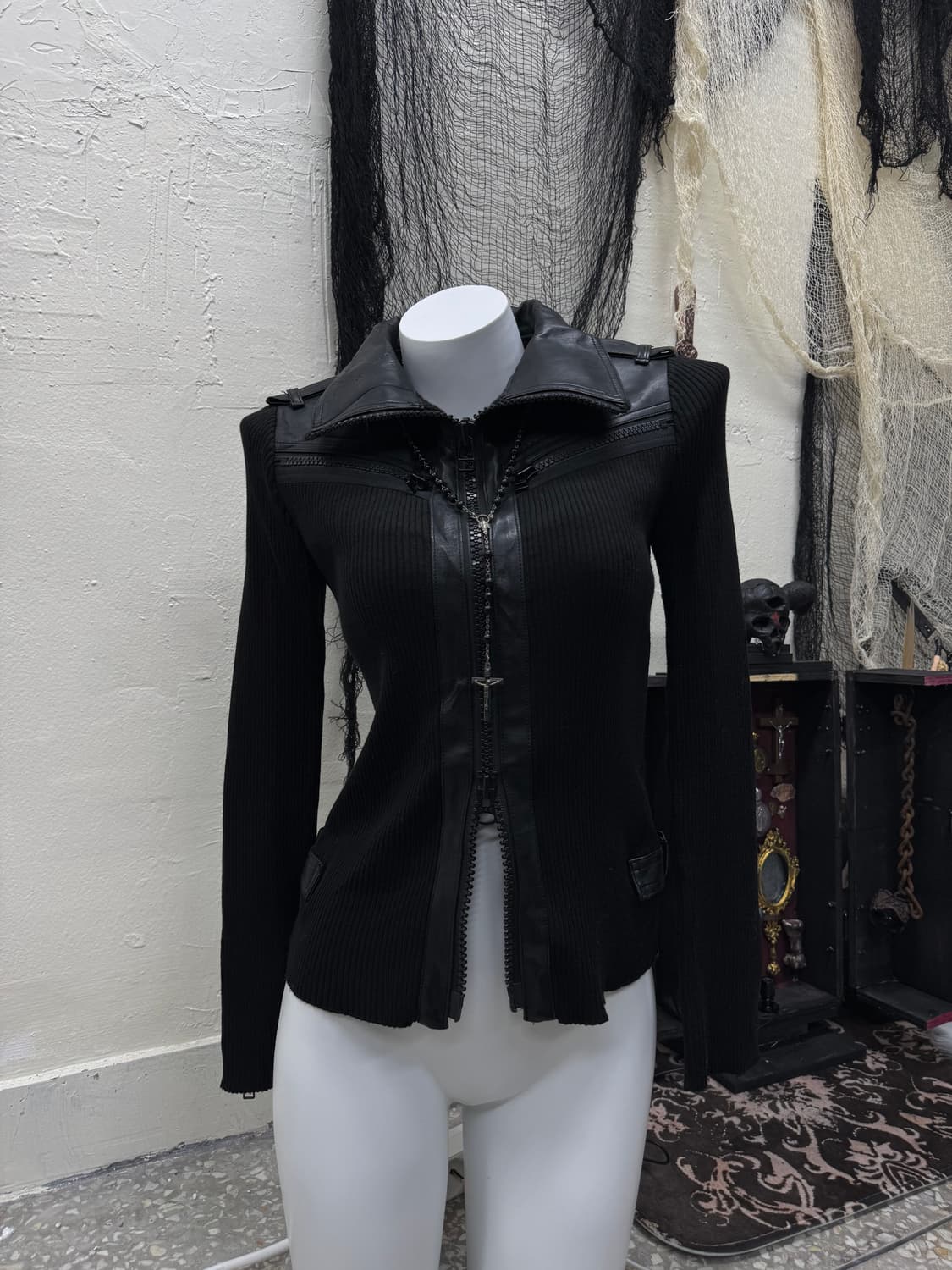 Fragile 00s leather trimming knit zip up 상품이미지1