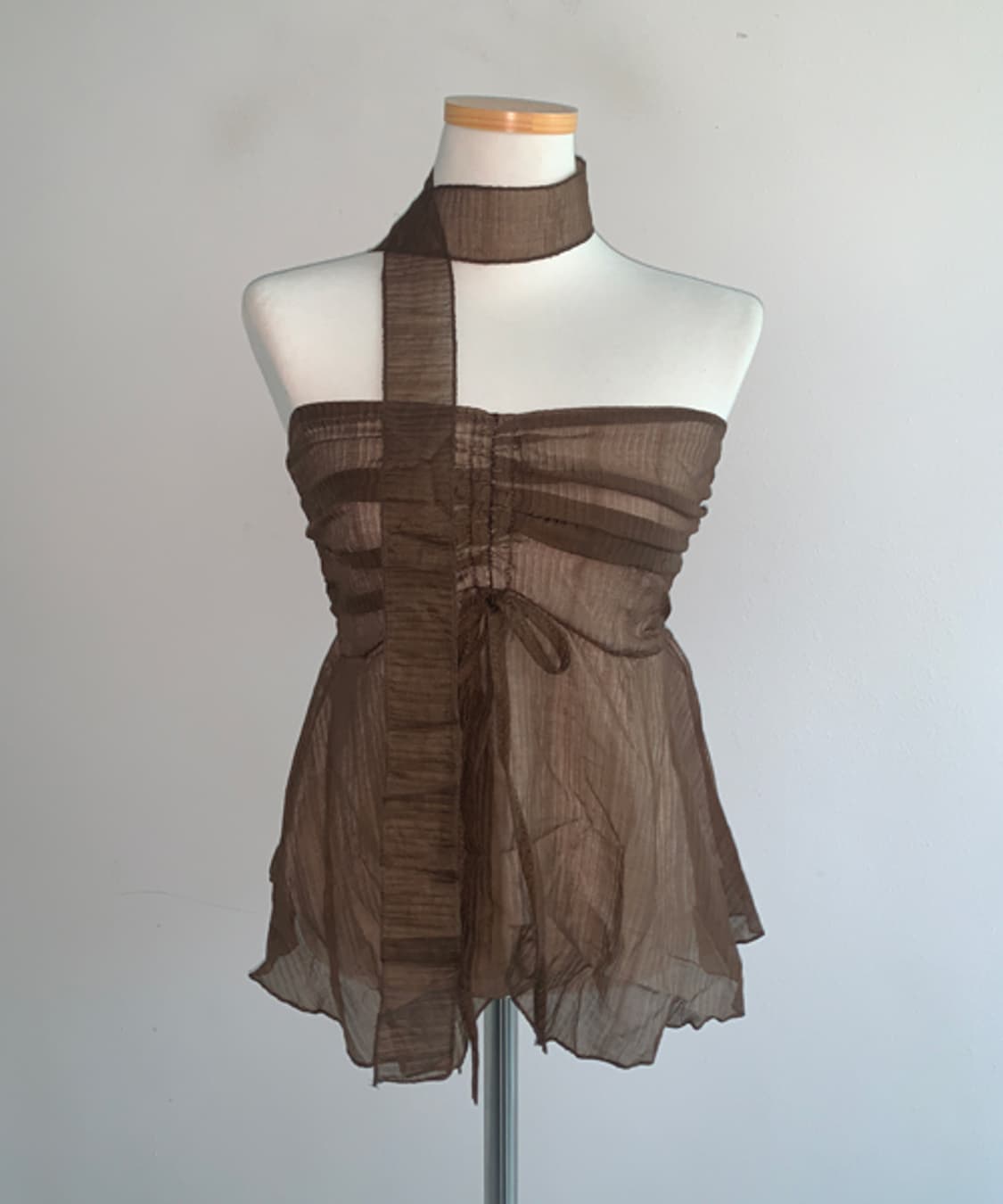 Smocked tie blouse top(brown) 상품이미지1