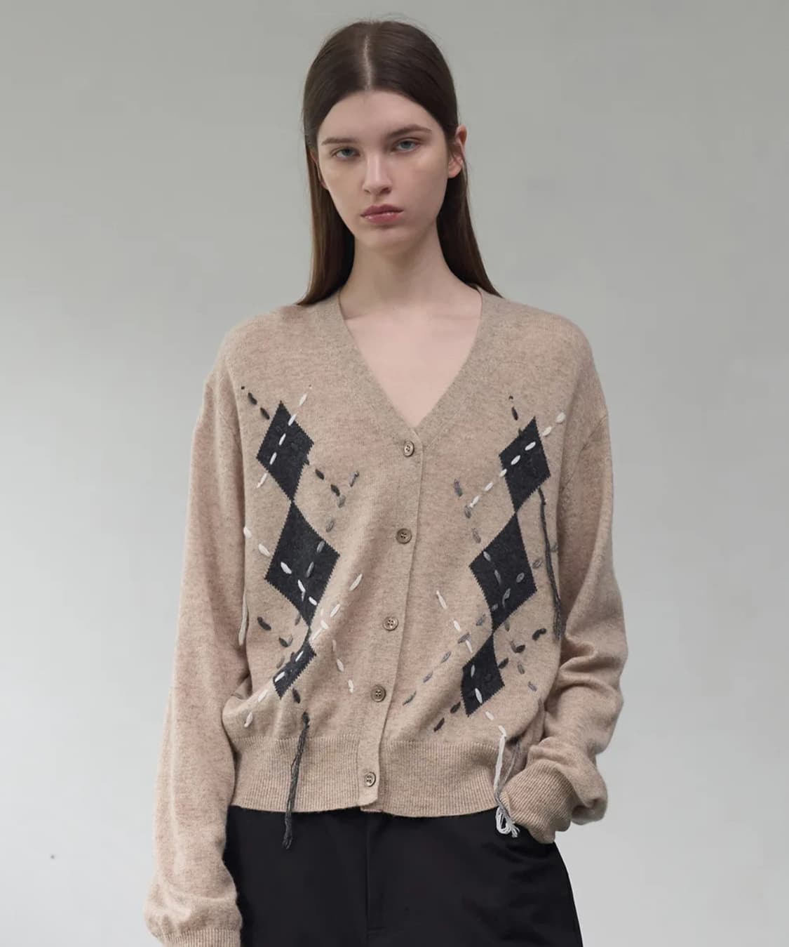 락케이크 아가일 스티치 니트 가디건 베이지 상품이미지1