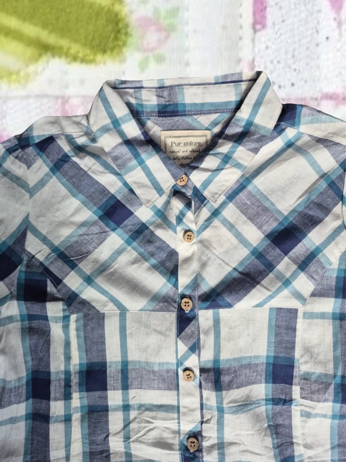 빈티지 모리걸 우드단추 블루 체크 반팔 셔츠 블라우스 상품이미지3