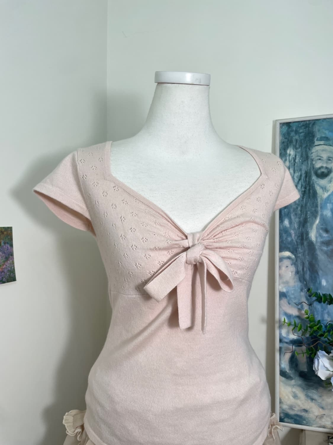 FEROUX milky pink bow crochet knit top 상품이미지5
